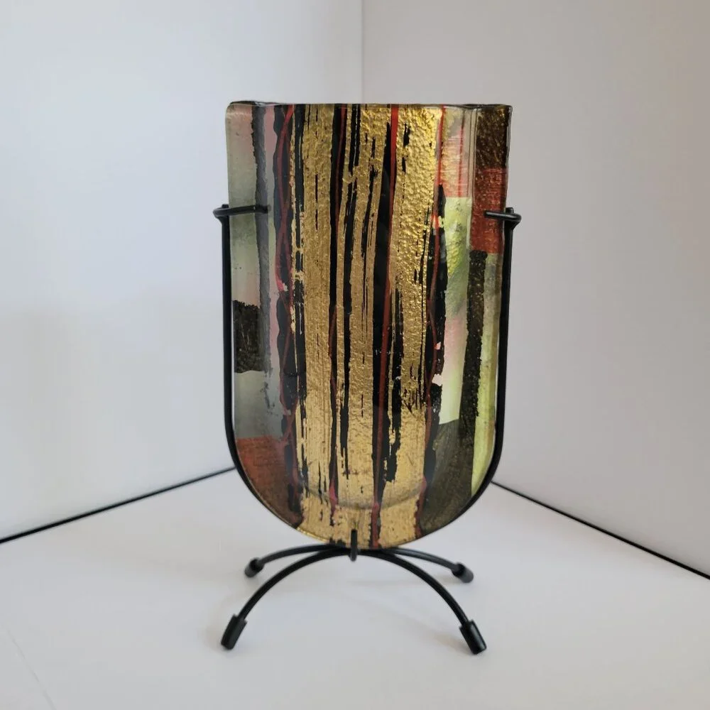 Massi Italian Vase U Shaped Art Glass with Metal Stand 9 1/4